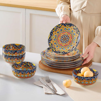 vancasso 12 Pieces Dinnerware Sets, Dark Green Plates and Bowls Set, Porcelain Dishes Set for 4