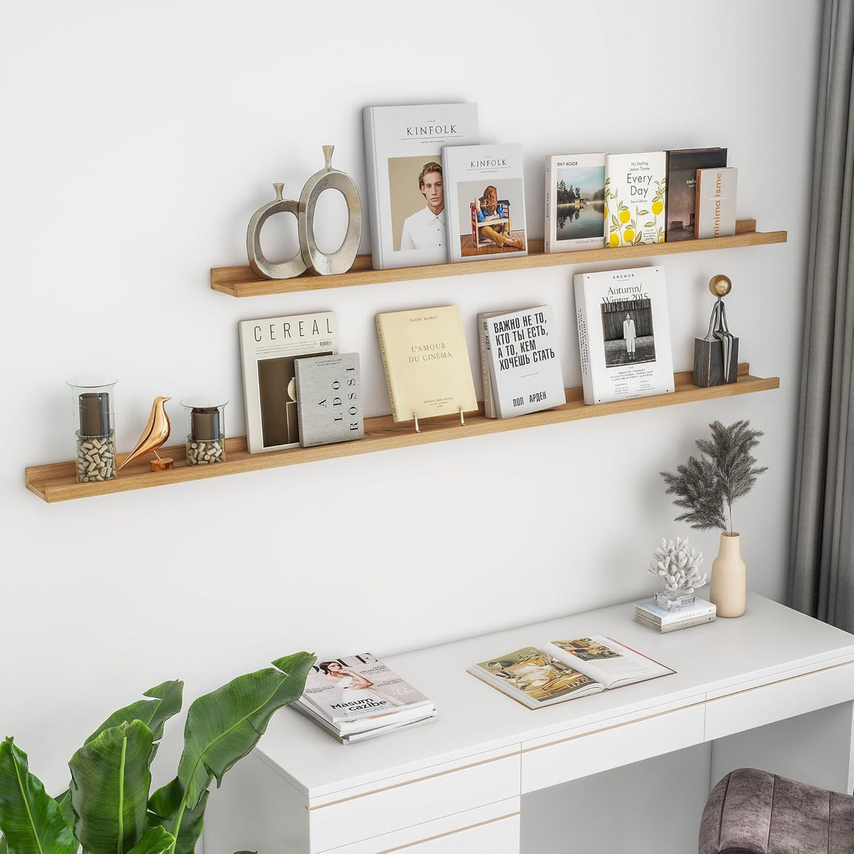 Solid Ash Wood Picture Ledge Shelf, Wood Floating Shelves Set of 2, 48 Inch Long Large Photo Ledge