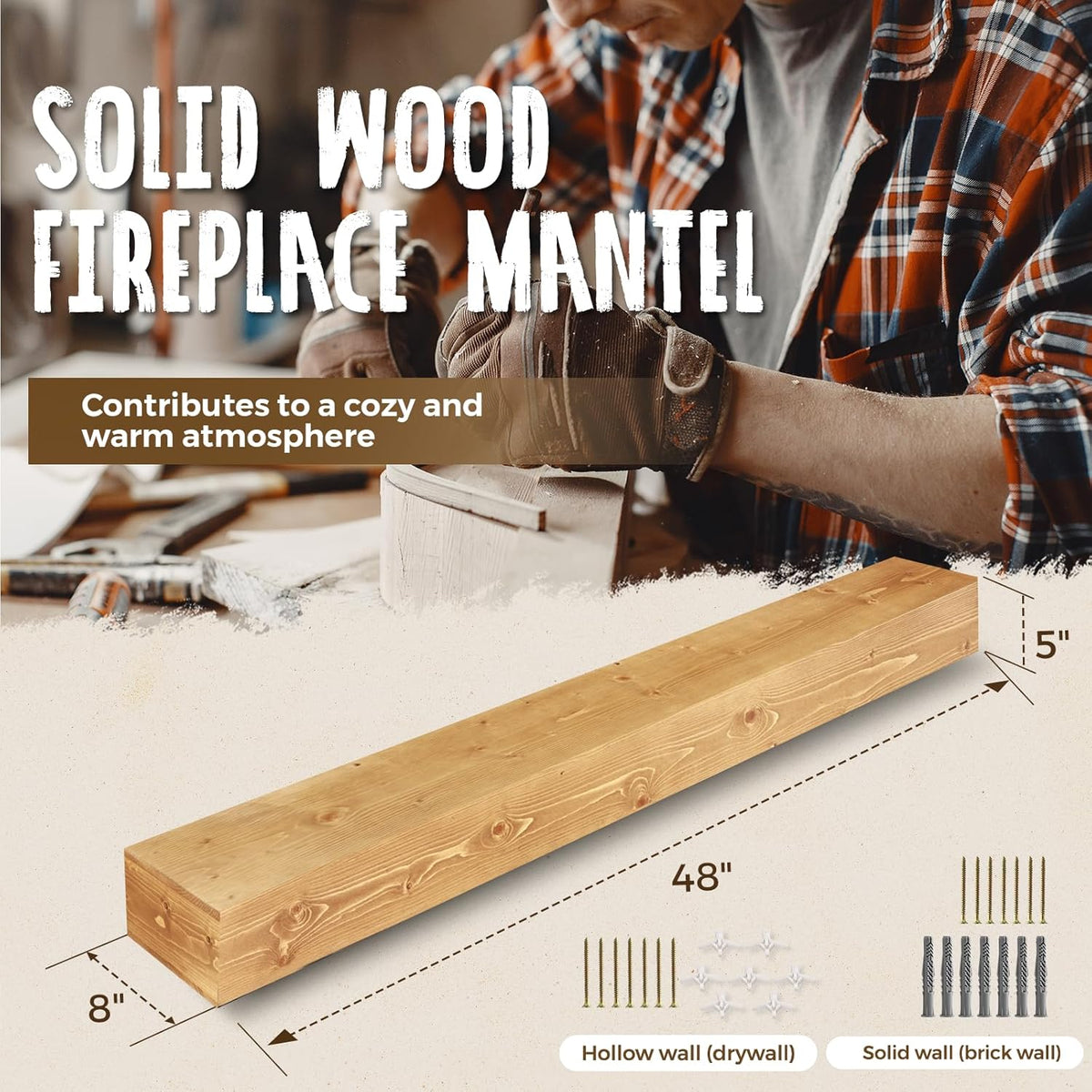 48x8x5 Fireplace Mantel - Handcrafted Rustic Solid Wood Wall Mounted Floating Shelf with Invisible