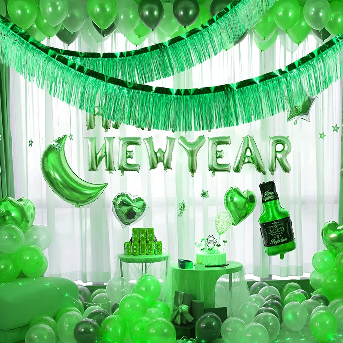Green Foil Fringe Garland 10FT 6packs, Metallic Foil Tinsel Fringe Banners for Parade Float