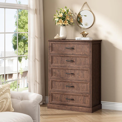 Farmhouse 5 Drawers Dresser for Bedroom, 44" Tall Brown dresser Wood Rustic Chest of Drawers with