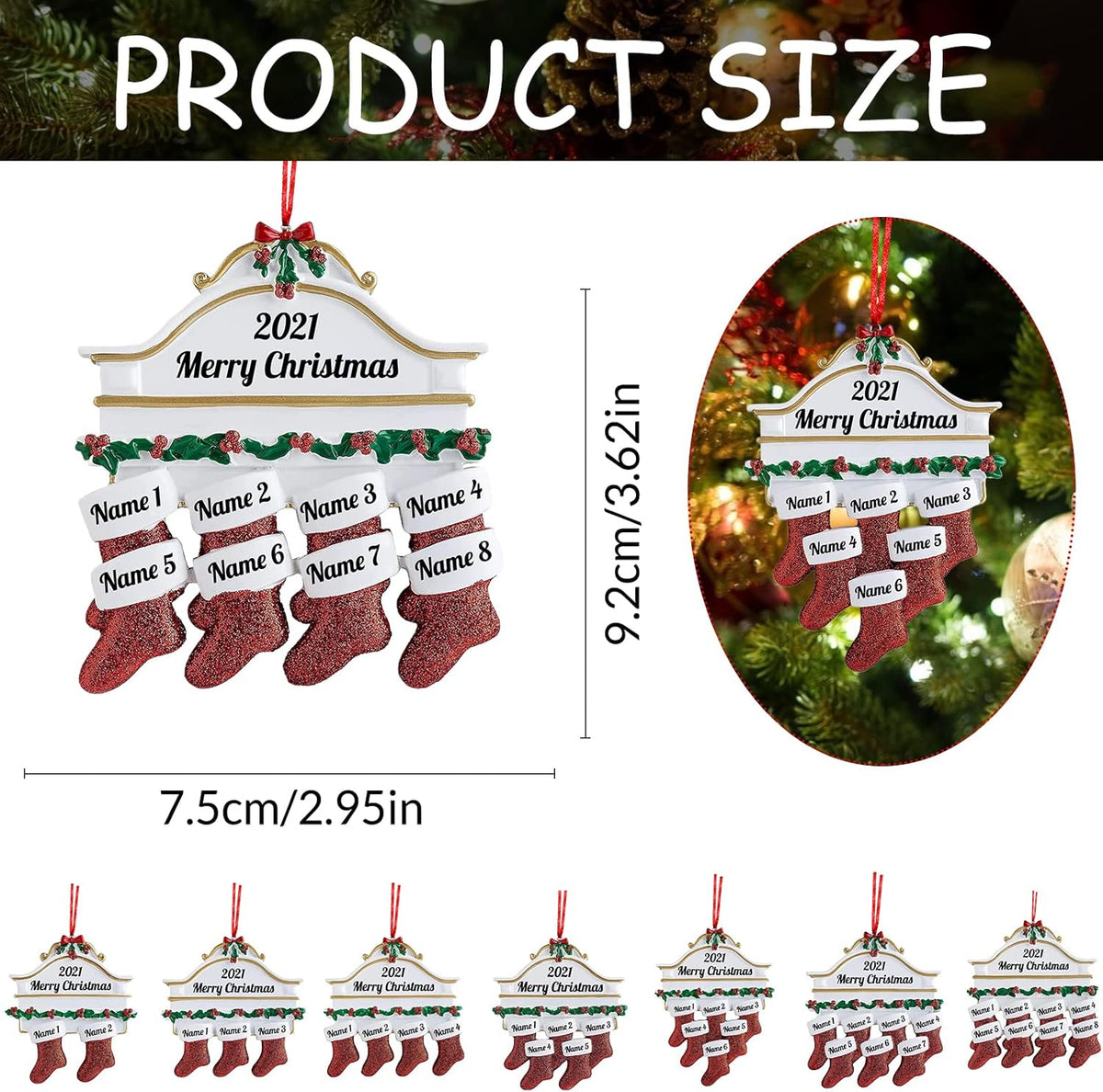 Personalized Christmas Ornaments Family of 2,3,4,5,6,7,8 Custom Christmas Stocking Ornaments with