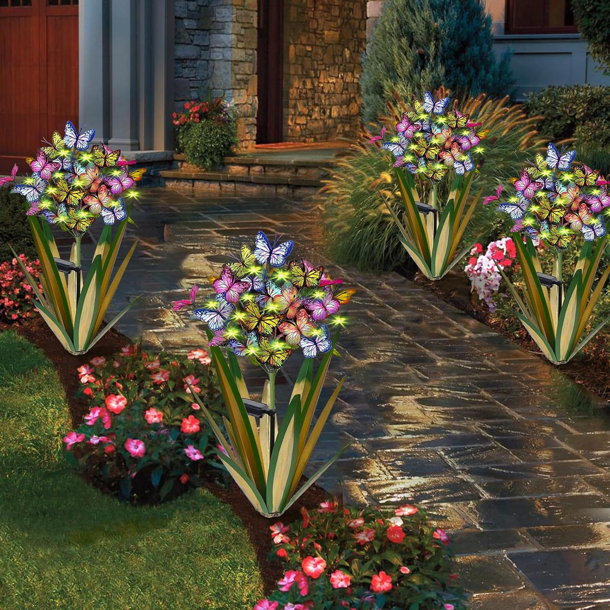Solar Metal Agave Butterfly Flower Stick Garden Sculpture - Outdoor Christmas Lights With Swaying
