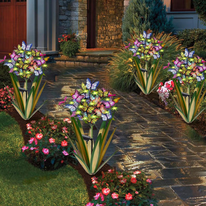Solar Metal Agave Butterfly Flower Stick Garden Sculpture - Outdoor Gift, Christmas Lights, Swaying