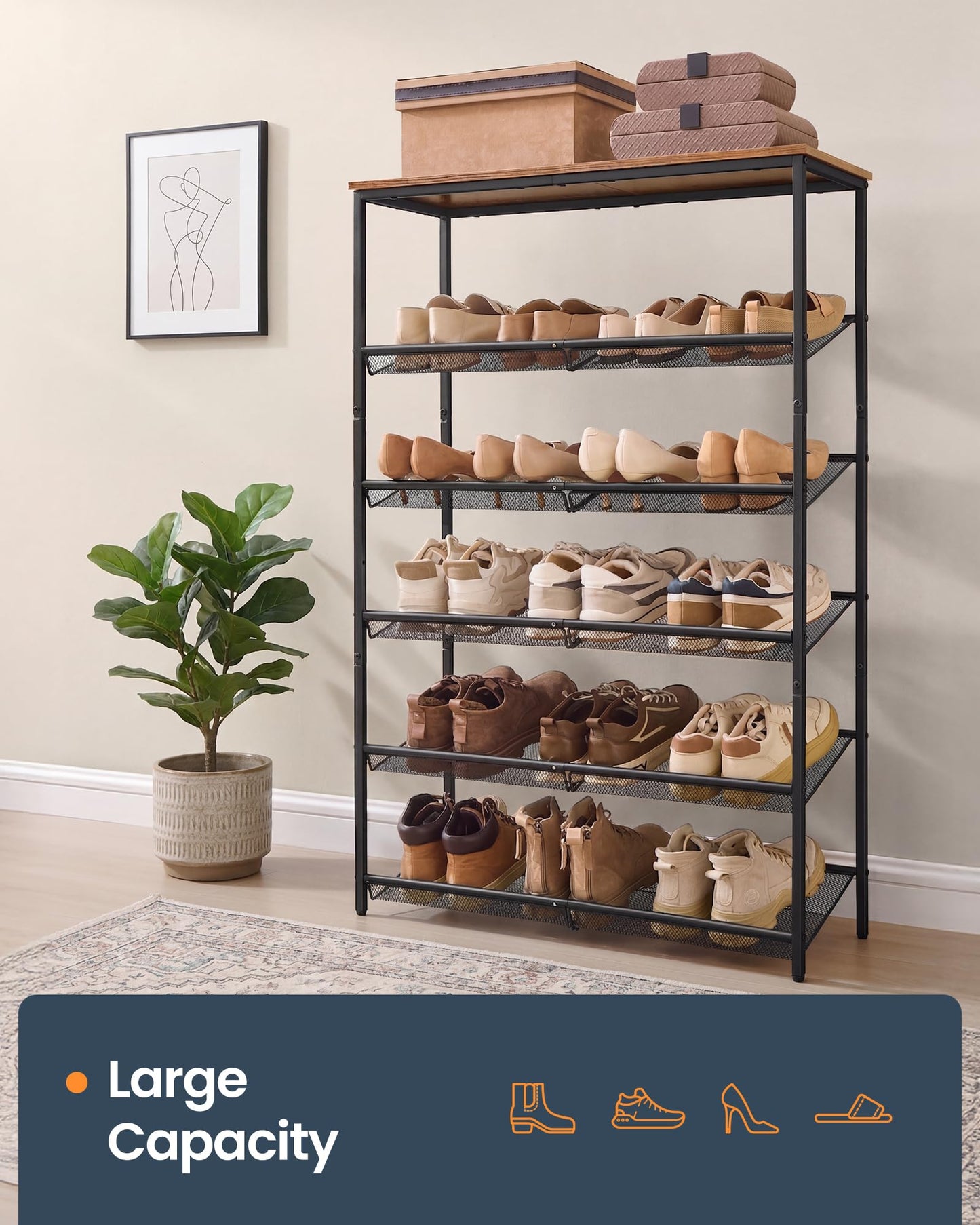 SONGMICS HOME 6 Tier Shoe Storage Organizer, Freestanding Shoe Rack, Dense Mesh, for Living Room