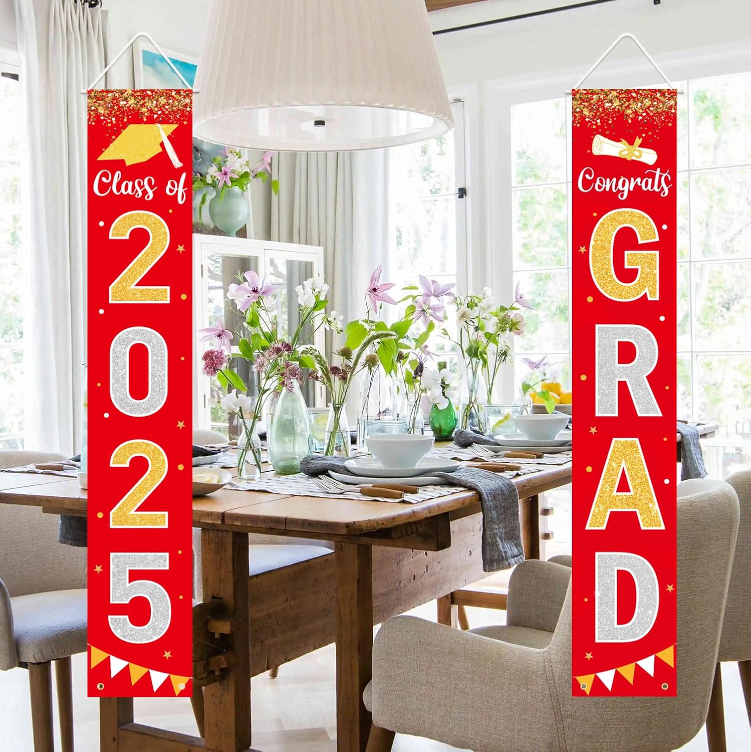 Graduation Decorations 2025 GRAD Banner Red Porch Door Sign Welcome Banner For Indoor Outdoor Wall