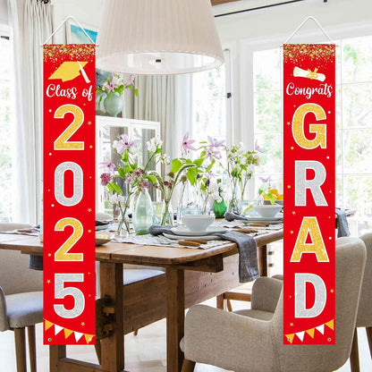 Graduation Decorations 2025 GRAD Banner Red Porch Door Sign Welcome Banner For Indoor Outdoor Wall