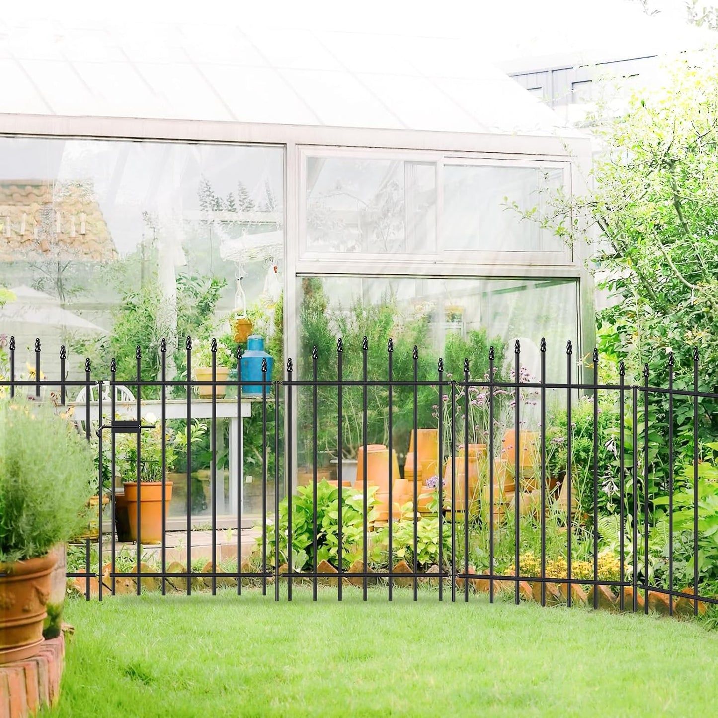 Metal Garden Fence with Gate 36 in H x 12 ft L, 1 Gate + 5 Panels Border Dog Fence Panels Animal