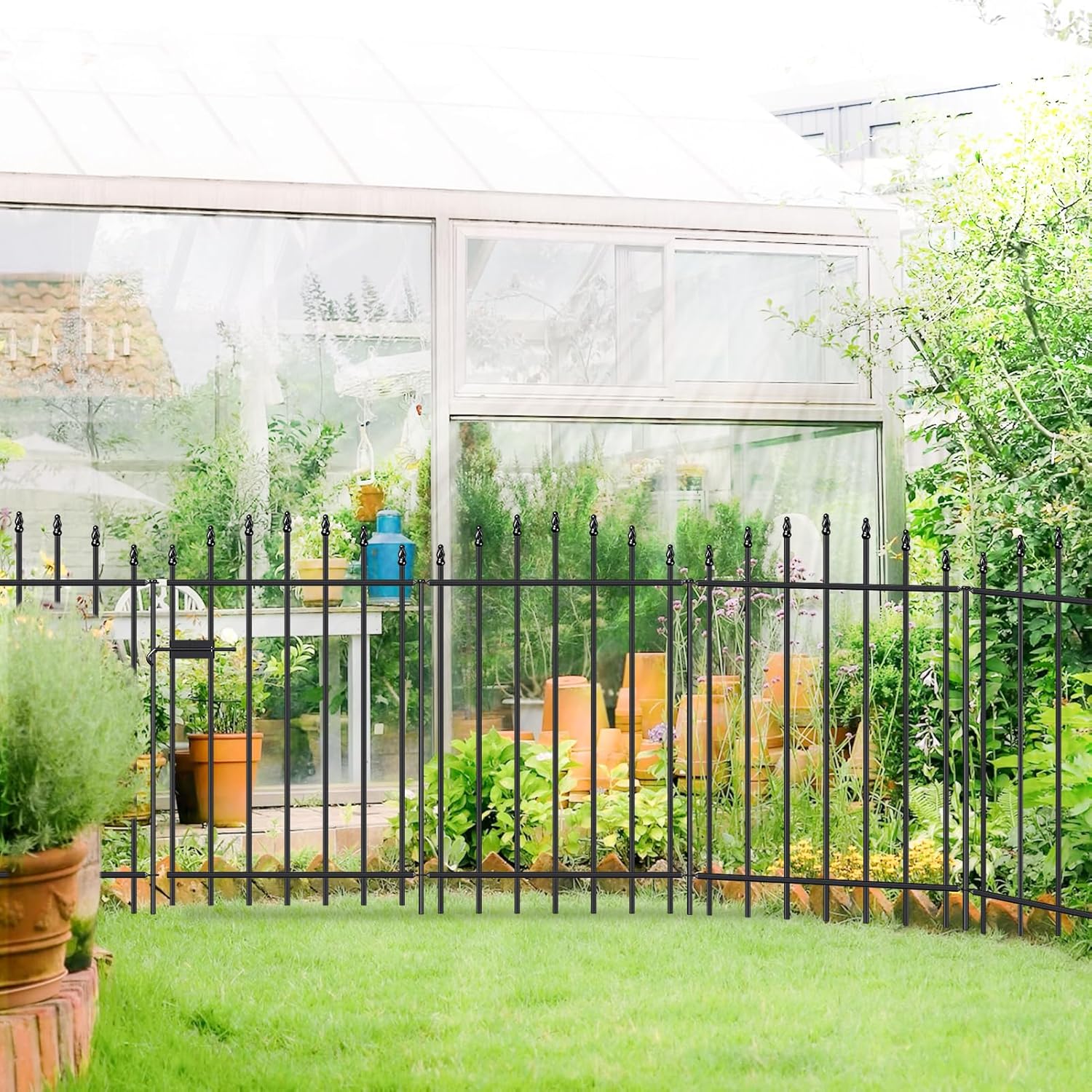 Metal Garden Fence with Gate 36 in H x 12 ft L, 1 Gate + 5 Panels Border Dog Fence Panels Animal