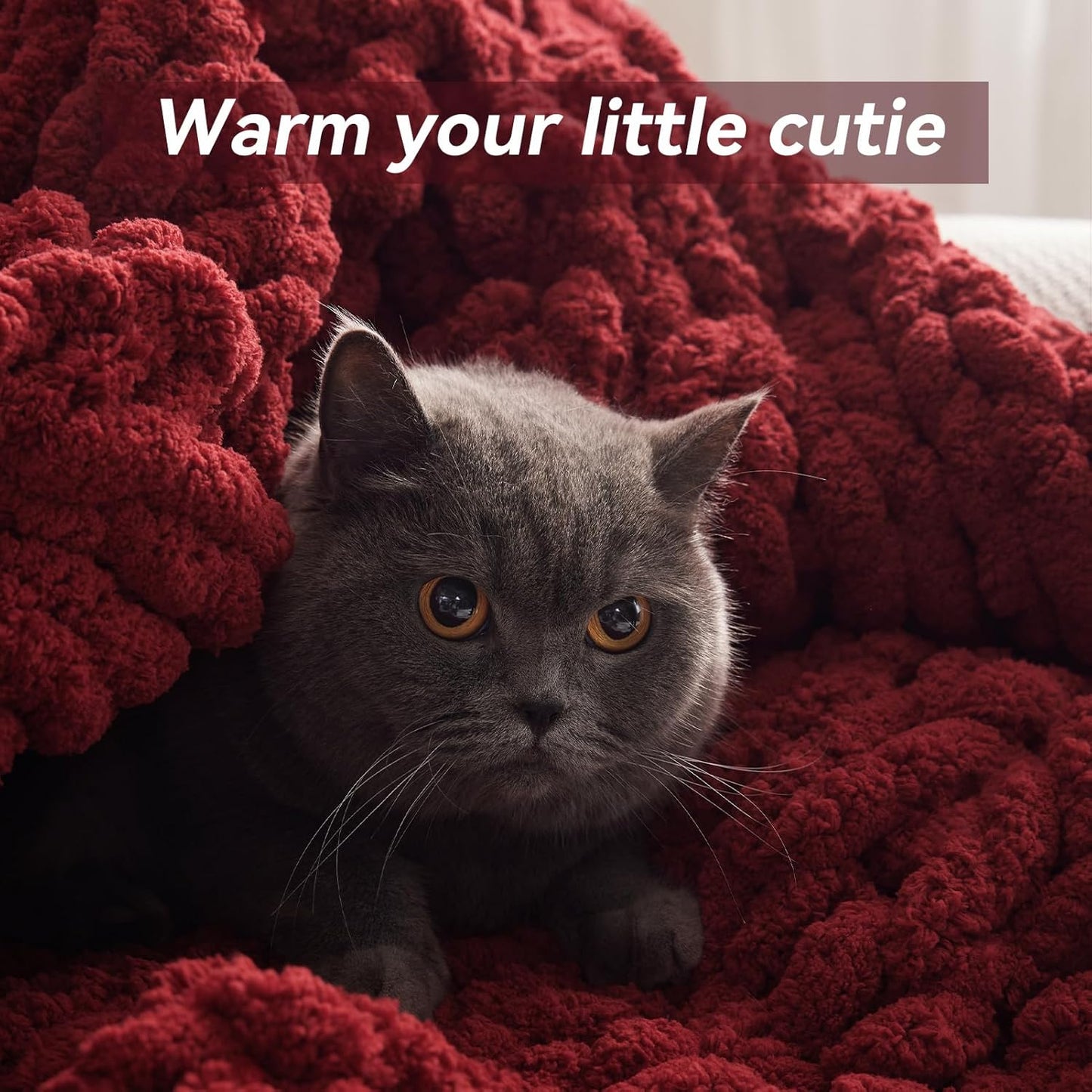 Chunky Knit Throw Blanket, 30''*40'' Knitted Throw Chenille Yarn for Bed Couch, Handmade Red