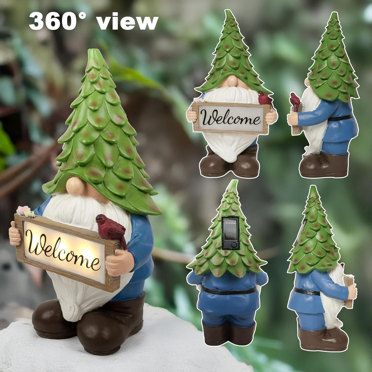 Large Garden Gnome Statue with Solar Lights, 13.5” Welcome Sign Gnome Outdoor Decor for Yard Lawn