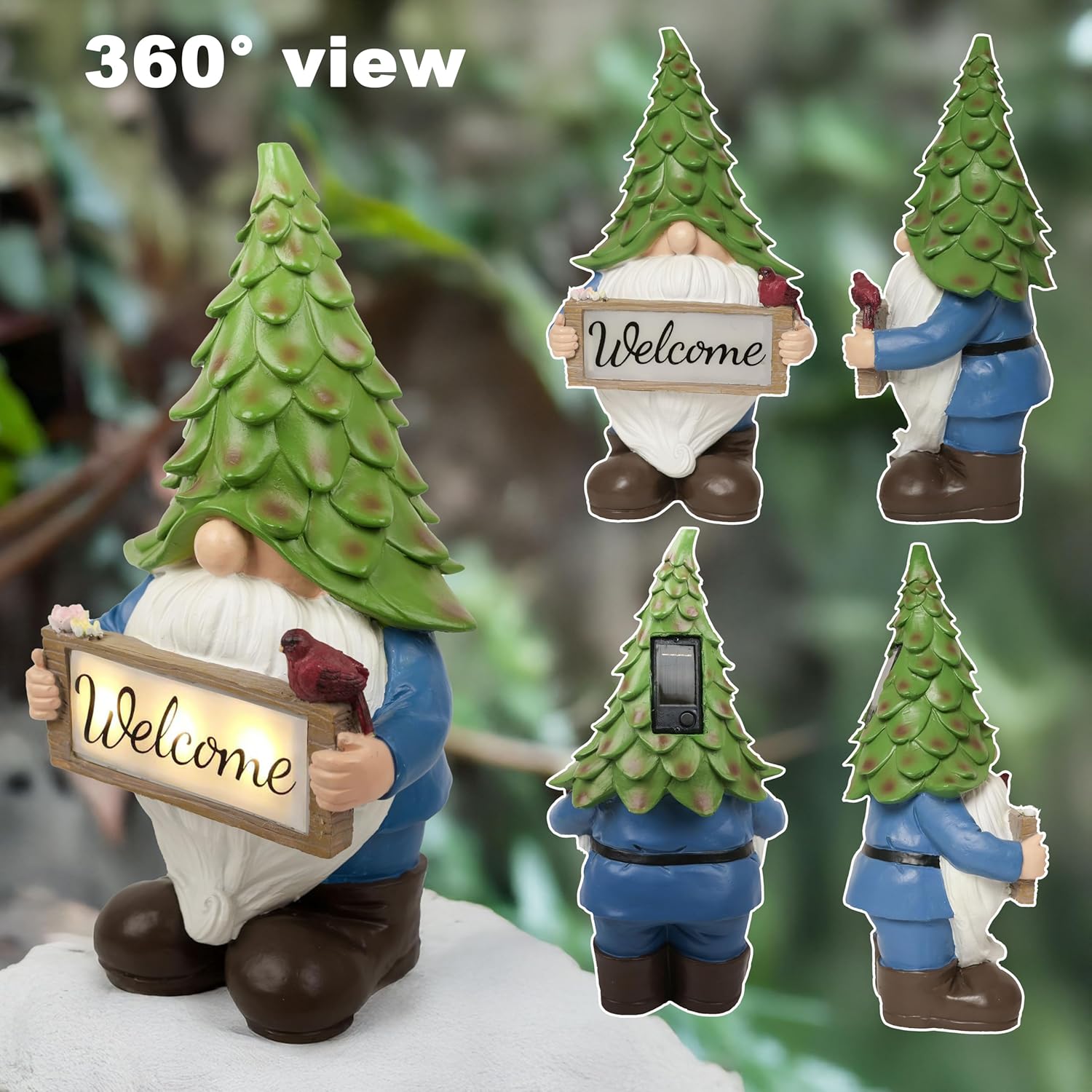 Large Garden Gnome Statue with Solar Lights, 13.5” Welcome Sign Gnome Outdoor Decor for Yard Lawn