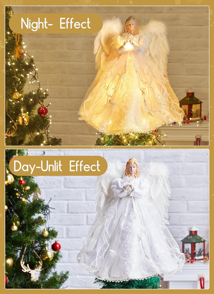 Christmas Tree Topper Angel with Lights, Xmas Tree Toppers Decorations Ornament with White Feather