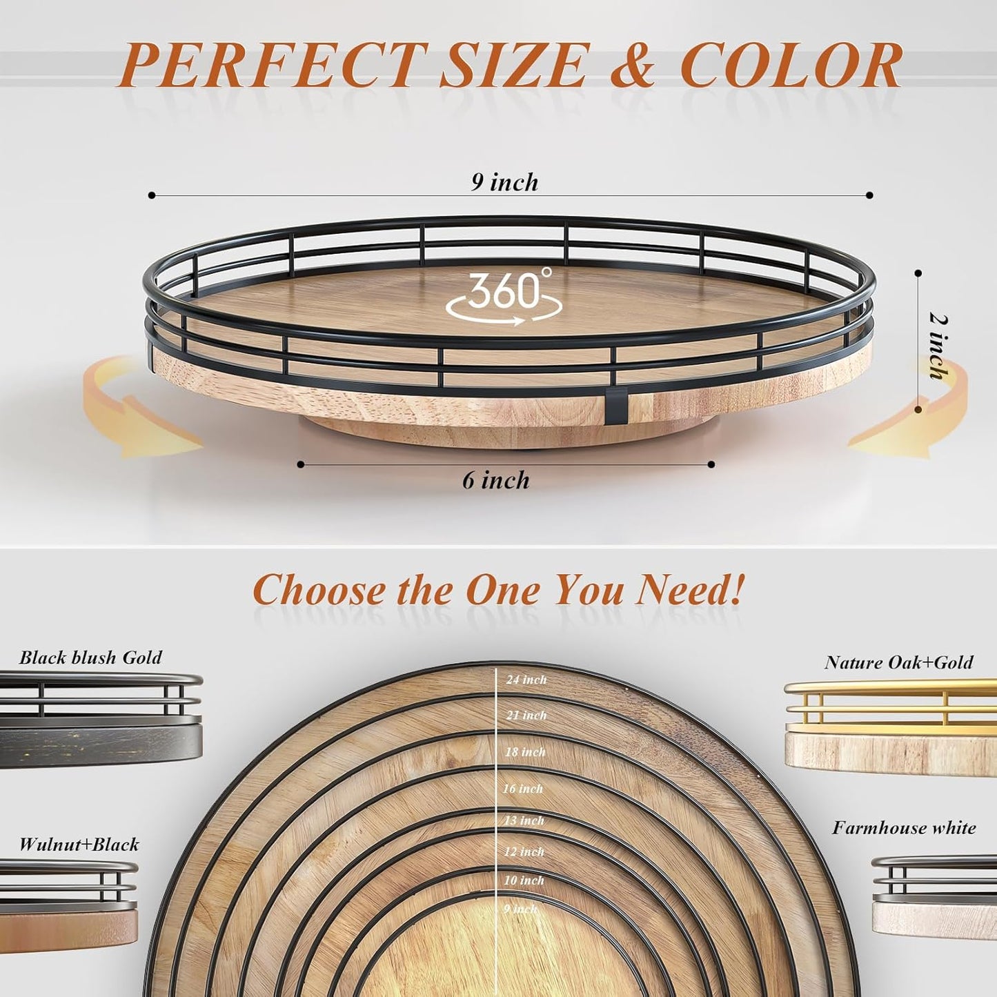 9" Oak Wood Lazy Susan Turntable Organizer for Cabinet, Round Wooden Farmhouse Lazy Susan