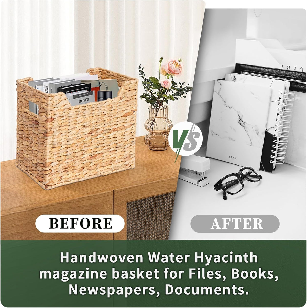 Magazines Holders, Handwoven Magazine Basket for Bathroom, Water Hyacinth Wicker Magazine Rack for