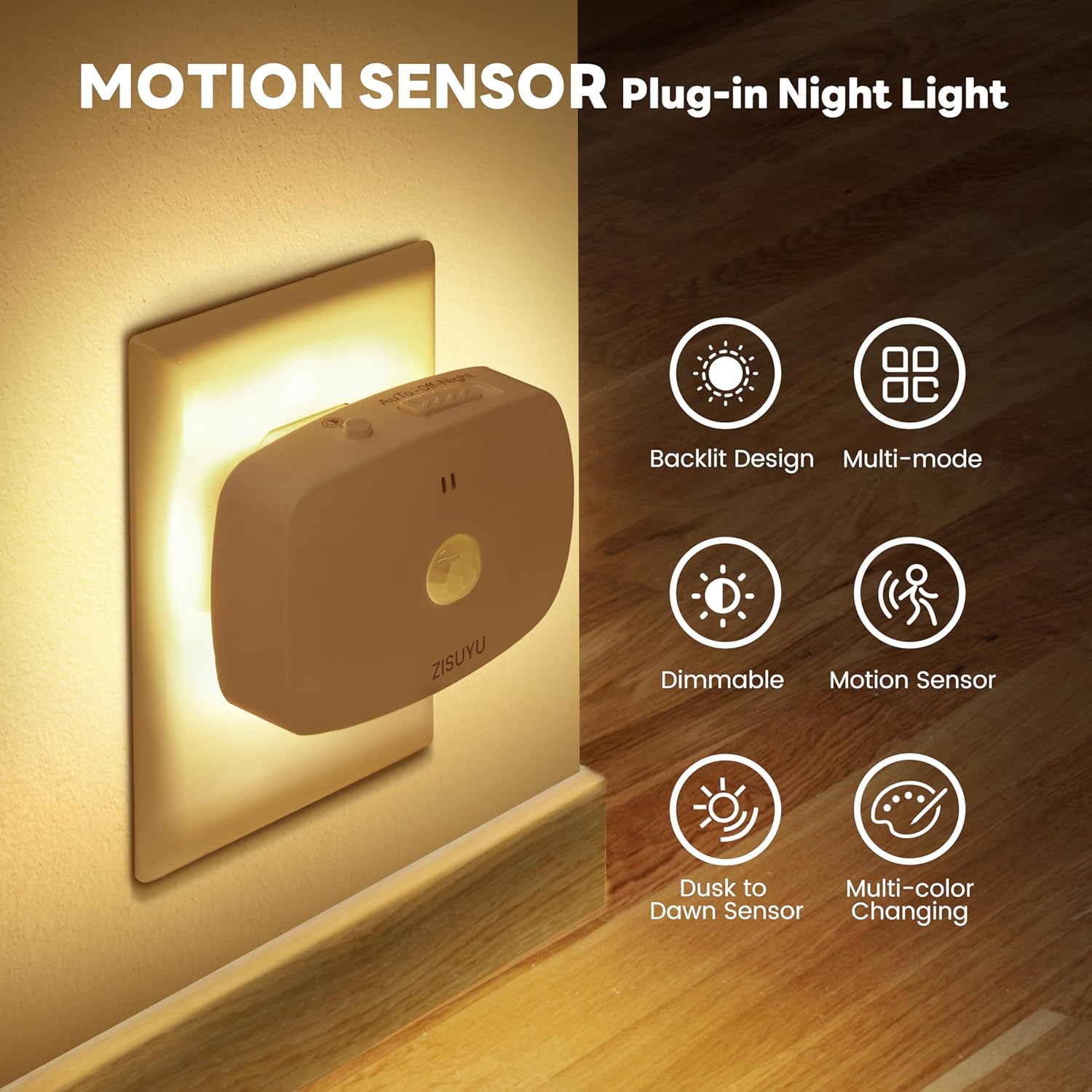 ZISUYU Plug-in LED Backlit Night Light with Motion Sensor & Dusk to Dawn Sensor, 10-60lm Dimmable