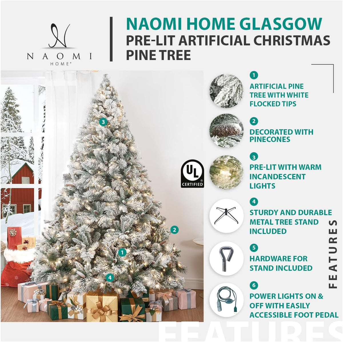 Naomi Home 9ft Slim Christmas Tree with Lights Realistic Skinny Pencil Christmas Tree Prelit with
