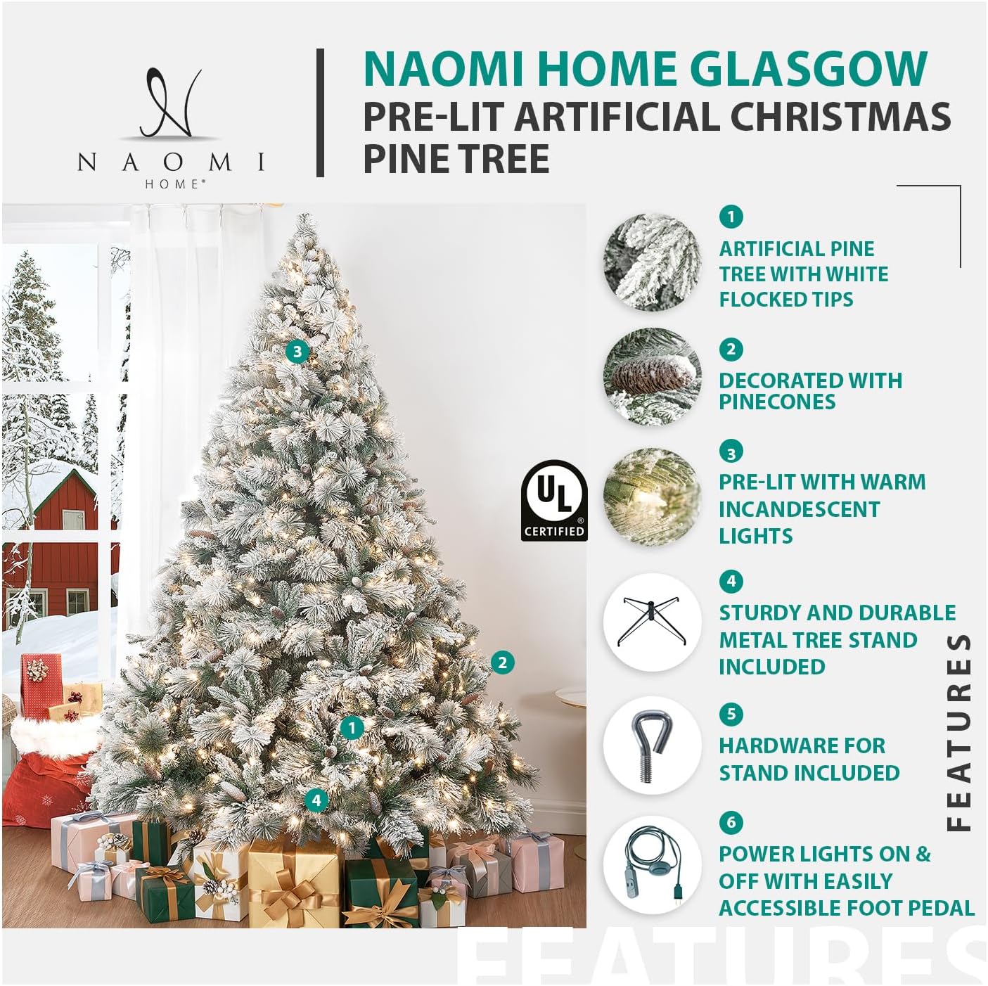 Naomi Home 6.5ft Christmas Tree with Lights Realistic Spruce Christmas Tree Prelit with Foot Pedal