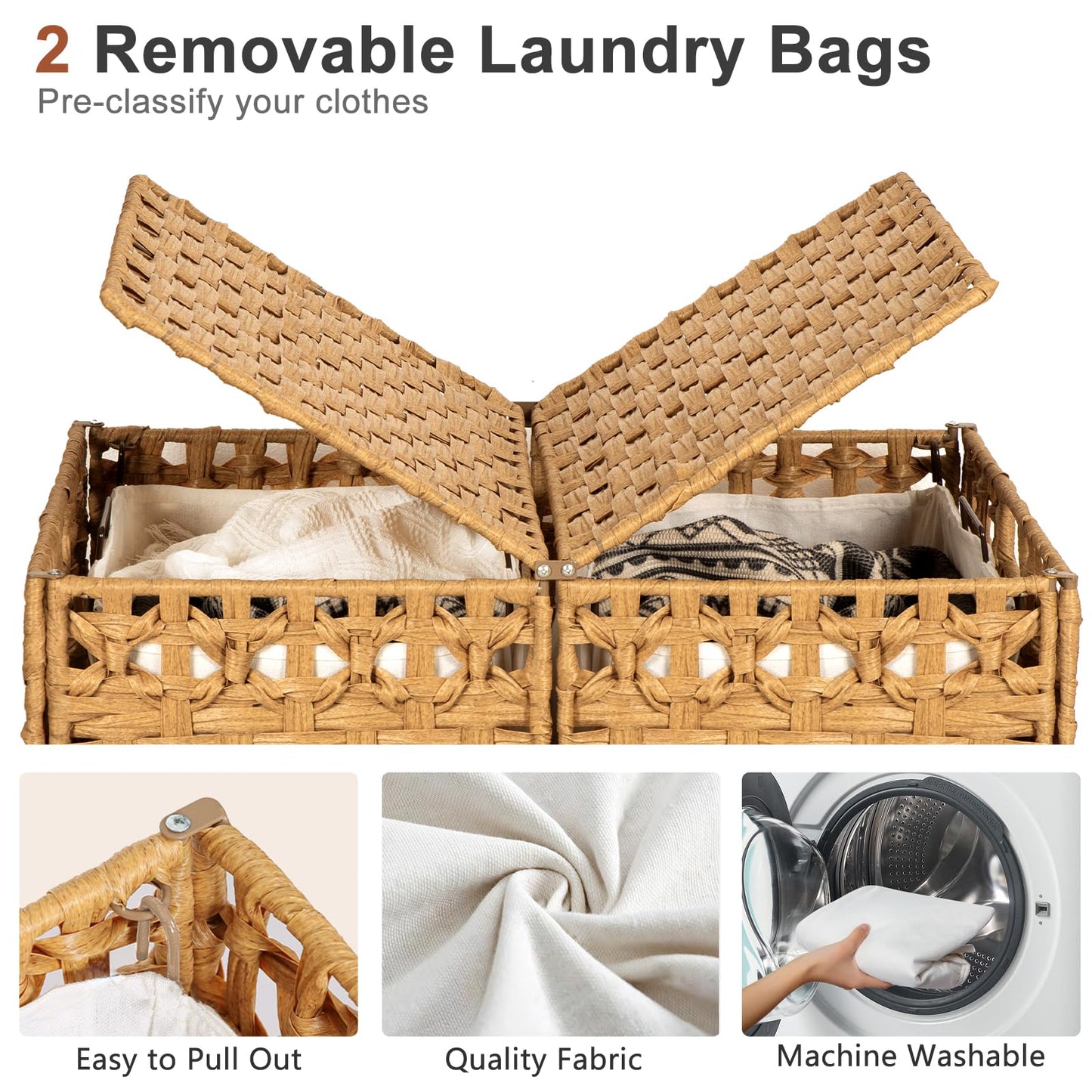 130L Foldable Laundry Hamper with Lid - Handwoven Rattan Storage Basket, 2-Section Clothes Hamper