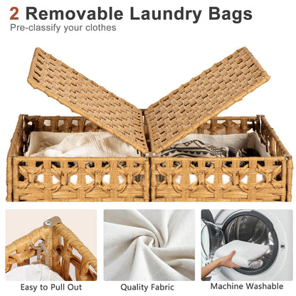 130L Foldable Laundry Hamper with Lid - Handwoven Rattan Storage Basket, 2-Section Clothes Hamper