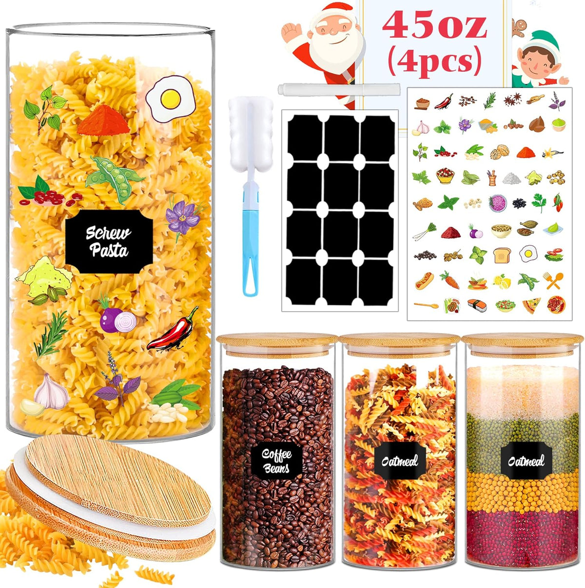 Glass Storage Jars 45 oz 4 Pcs Clear Glass Food Storage Containers with Airtight Bamboo Lid