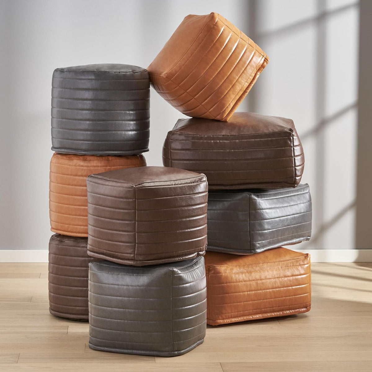GDFStudio Contemporary Faux Leather Channel Stitch Pouf Ottoman Foot Stool - Bean Bag Floor Chair