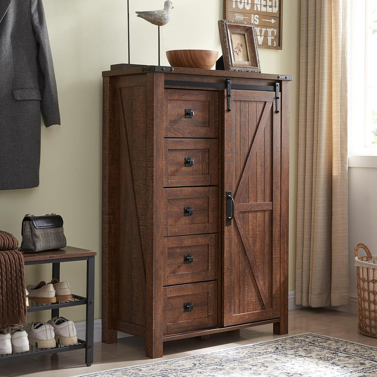 T4TREAM 5 Drawers Dresser for Bedroom w/Sliding Barn Door, Farmhouse Modern Dresser Tall 5 Chest of