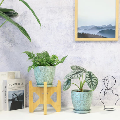 6 Inch Retro Ceramic Planter Set of 2 with Drainage Hole and Saucer for Plants, Indoor-Outdoor
