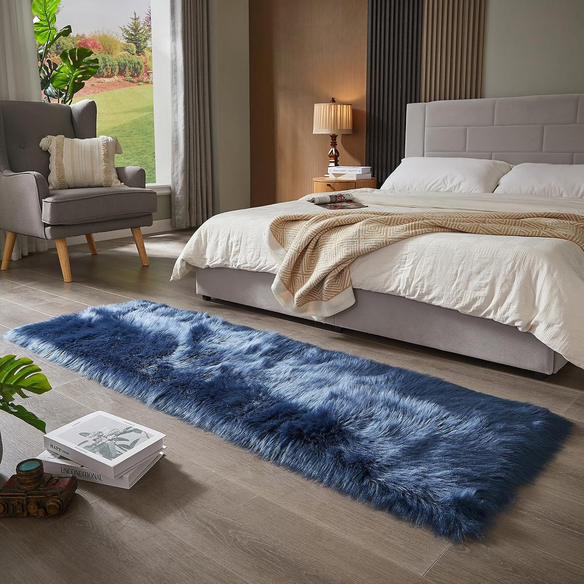 AMTOVO Faux Fur Rug, Dark Blue Ultra Soft Fluffy Shag Sheepskin Rug, 2 x 6 ft Runner Area Rugs for