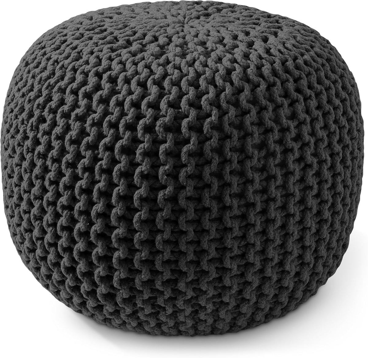 Casafield Round Pouf Ottoman, Black - 20" Diameter x 14.5" High Cotton Knit Foot Stool - Boho Floor