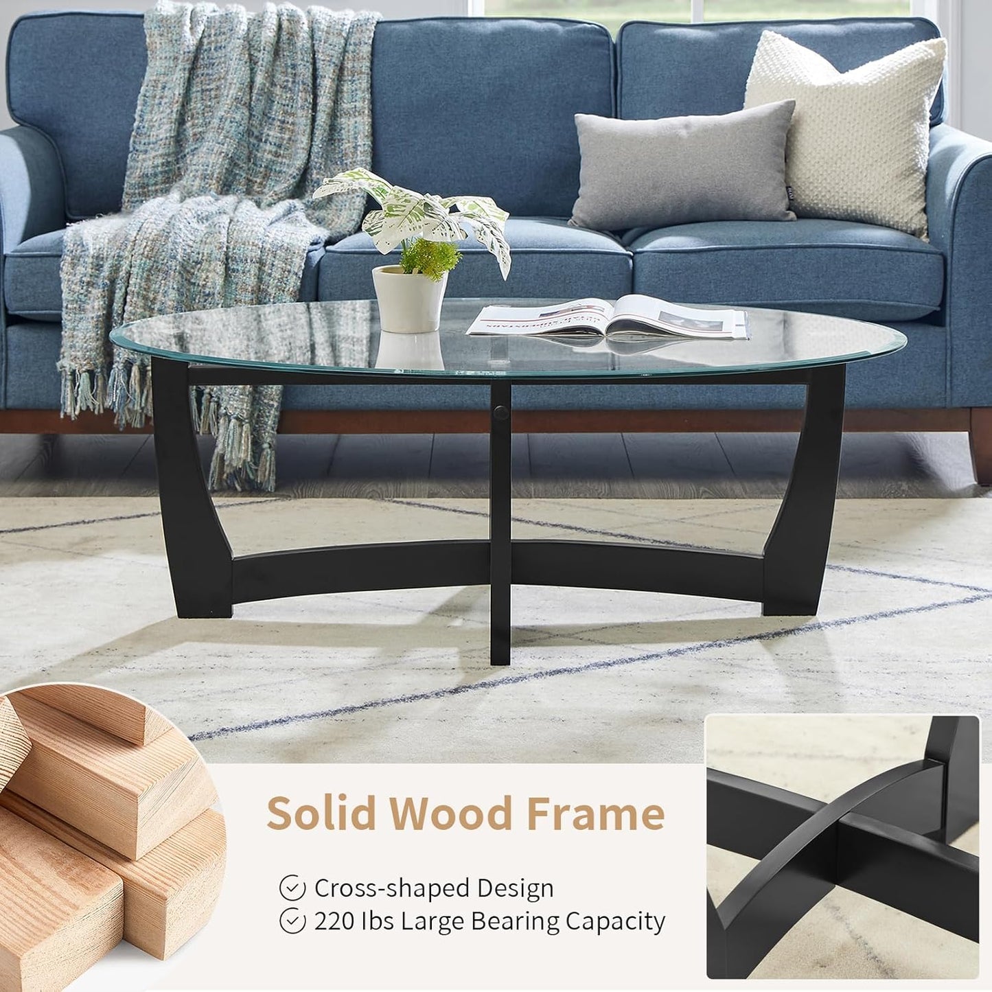 48" Oval Glass Coffee Table with Tempered Glass Top Cross and Solid Wood Base Simple & Modern