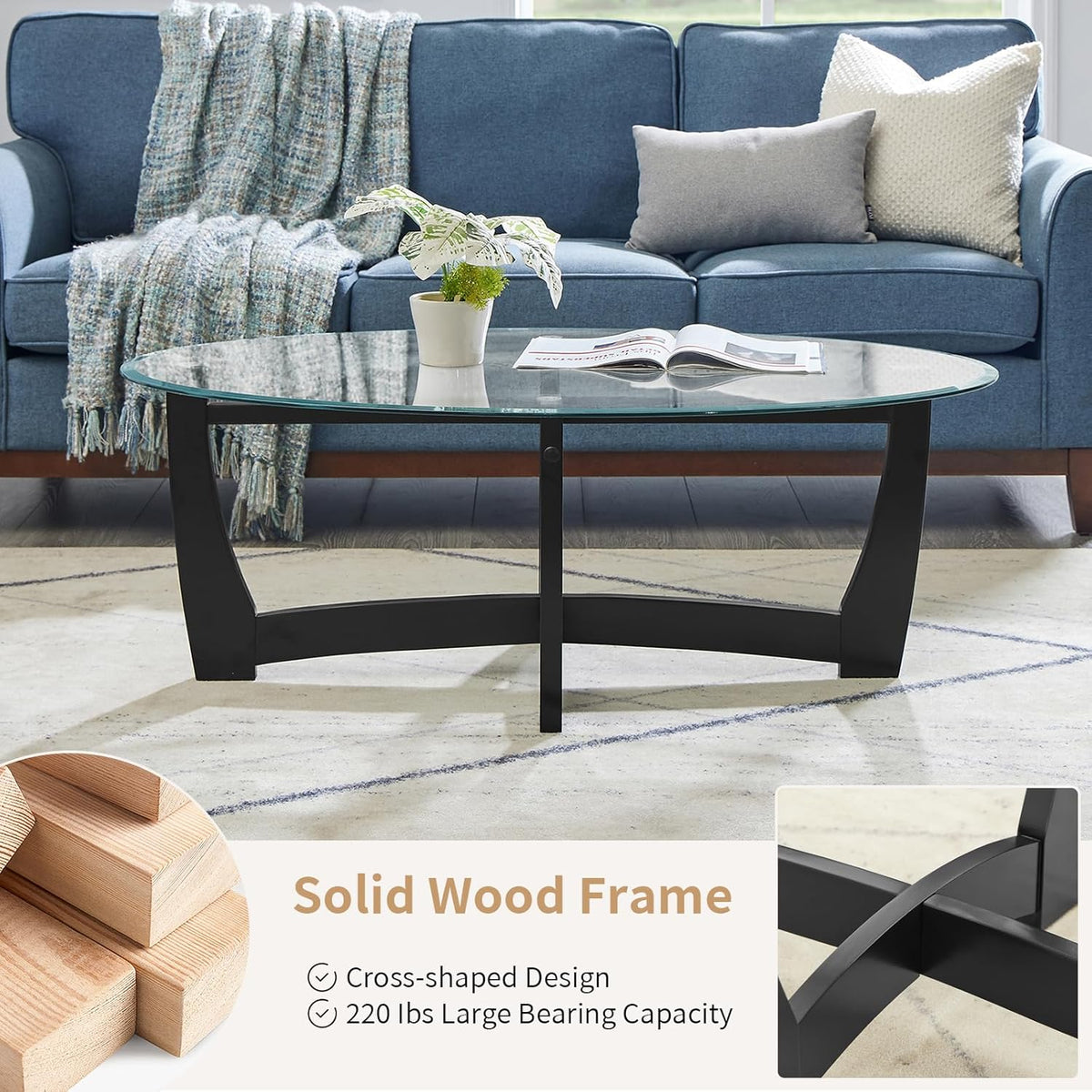 48" Oval Glass Coffee Table with Tempered Glass Top Cross and Solid Wood Base Simple & Modern