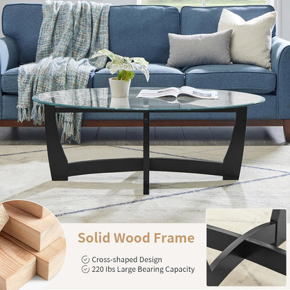 48" Oval Glass Coffee Table with Tempered Glass Top Cross and Solid Wood Base Simple & Modern