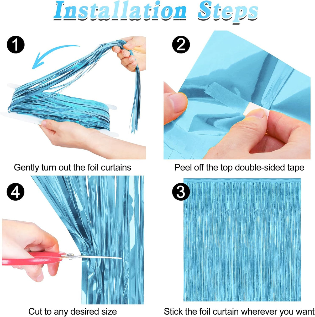 4 Pack Party Decorations, 3.28 FT x 7.05 FT Blue Foil Streamers, Metallic Sky Blue Backdrop Fringe