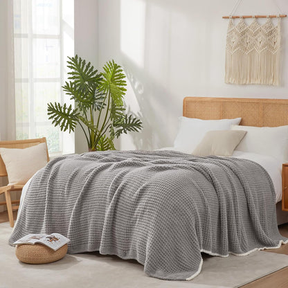 Snuggle Sac Soft Waffle Blanket, Grey Bedding Blankets Queen Size 90x90 inches, Reversible