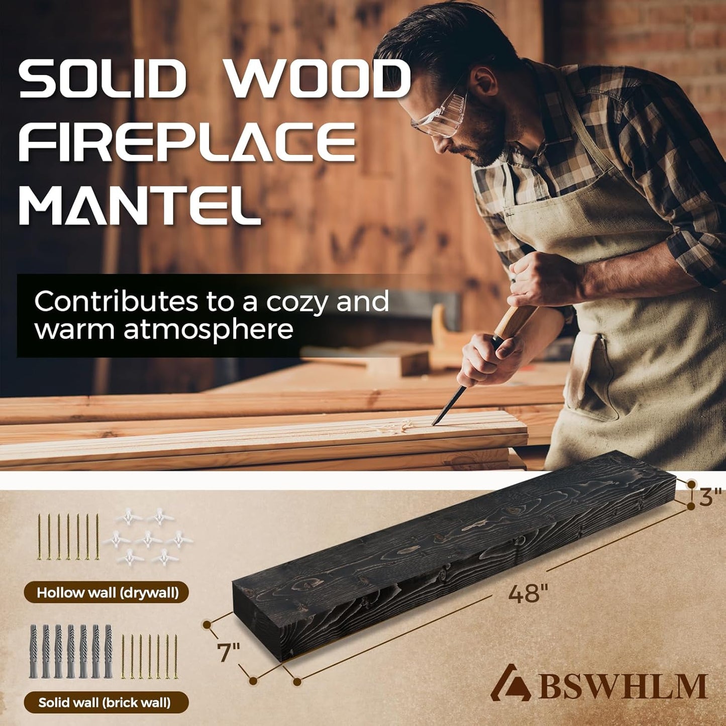48x7x3 Fireplace Mantel - Solid Rustic Wood - Wall Mounted Floating Shelf with Invisible Heavy Duty