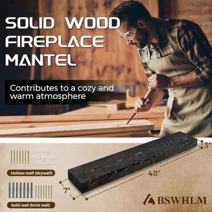 48x7x3 Fireplace Mantel - Solid Rustic Wood - Wall Mounted Floating Shelf with Invisible Heavy Duty