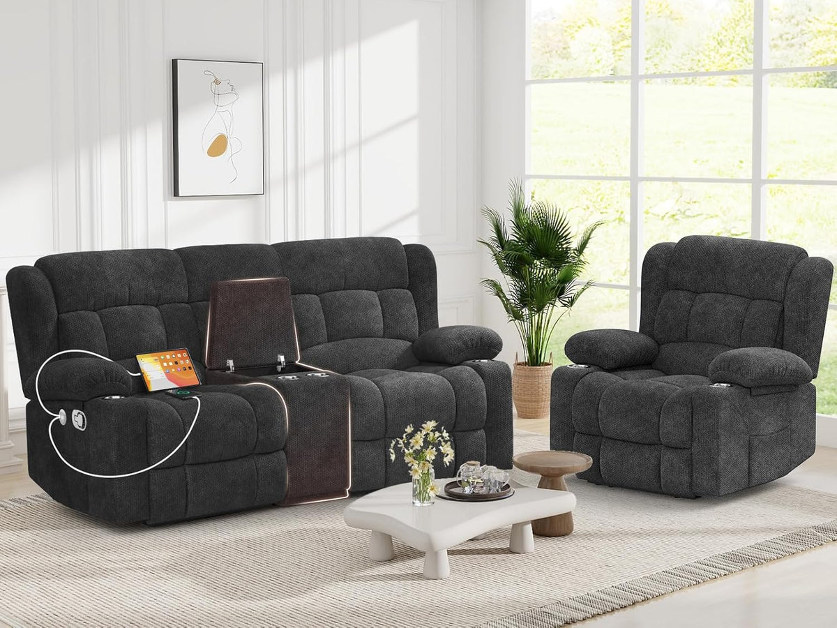 Recliner Sofa Set with 2+1 Pieces, Fabric Manual Pull Tab Reclining Loveseat with Storage Console
