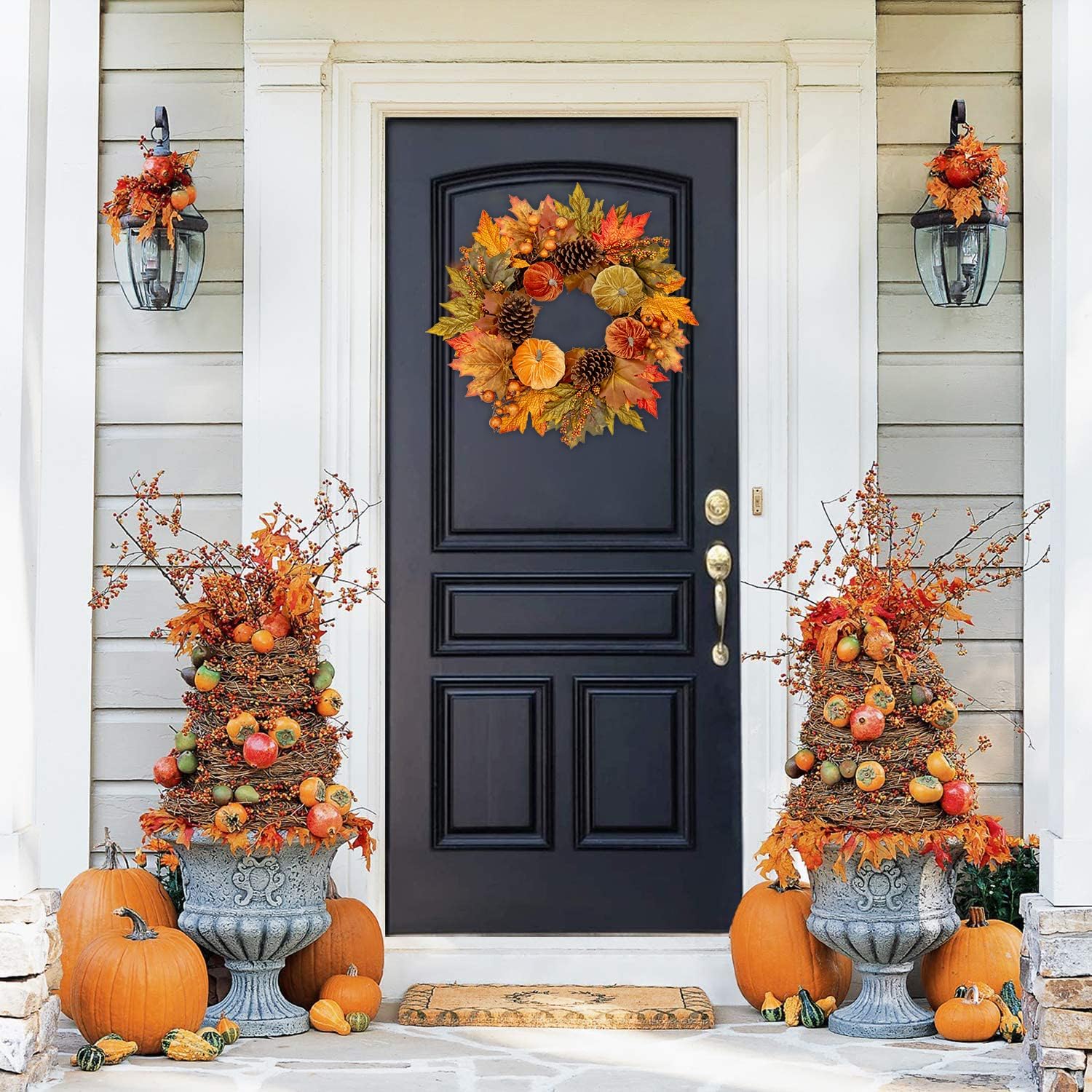 Fall Wreaths for Front Door 16'' Autumn Velvet Pumpkin Wreath with Metal Hook Harvest Maple Wreath