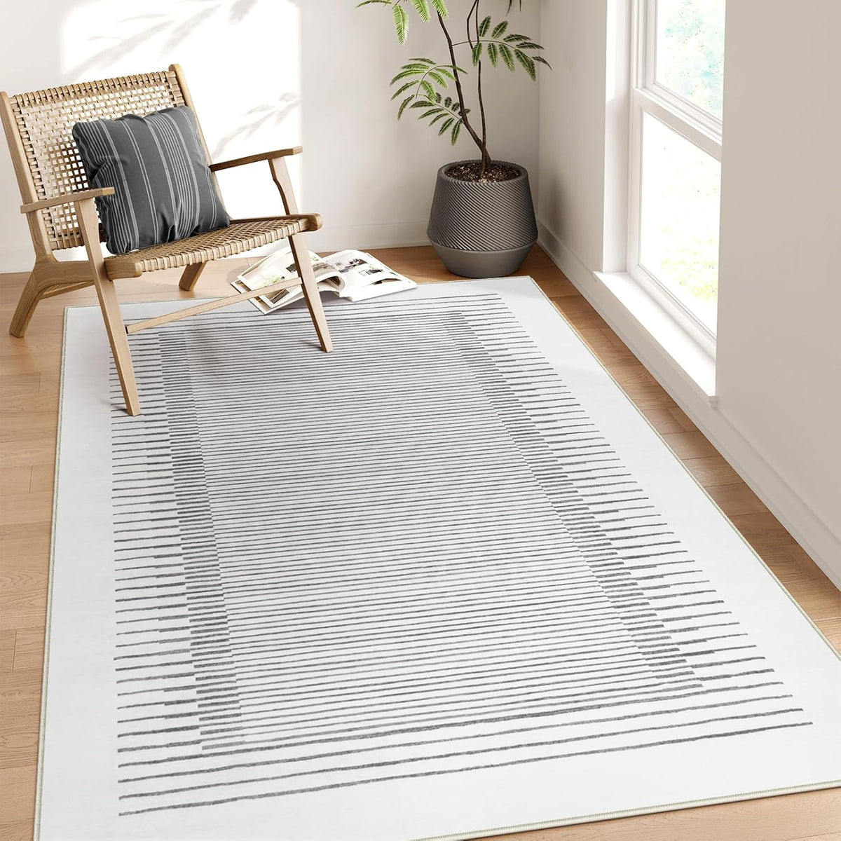 Wonnitar 5x7 Washable Striped Living Room Area Rug, Non-Slip Grey Boho Rugs for Bedroom, Low Pile