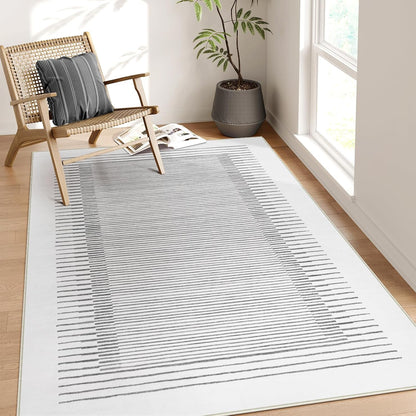 Wonnitar 5x7 Washable Striped Living Room Area Rug, Non-Slip Grey Boho Rugs for Bedroom, Low Pile
