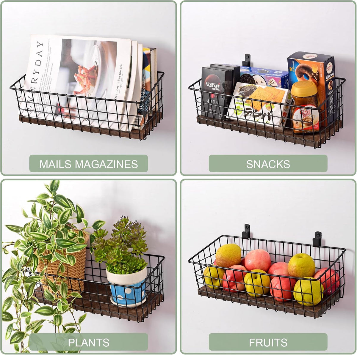 Wall Hanging Baskets 3 Pack, Extra Large Diversified Wire Basket Shelves of Wooden Style, with Wall