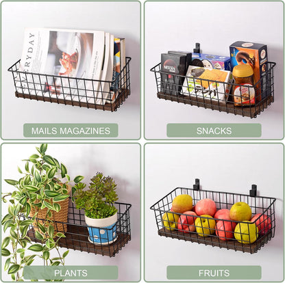 Wall Hanging Baskets 3 Pack, Extra Large Diversified Wire Basket Shelves of Wooden Style, with Wall