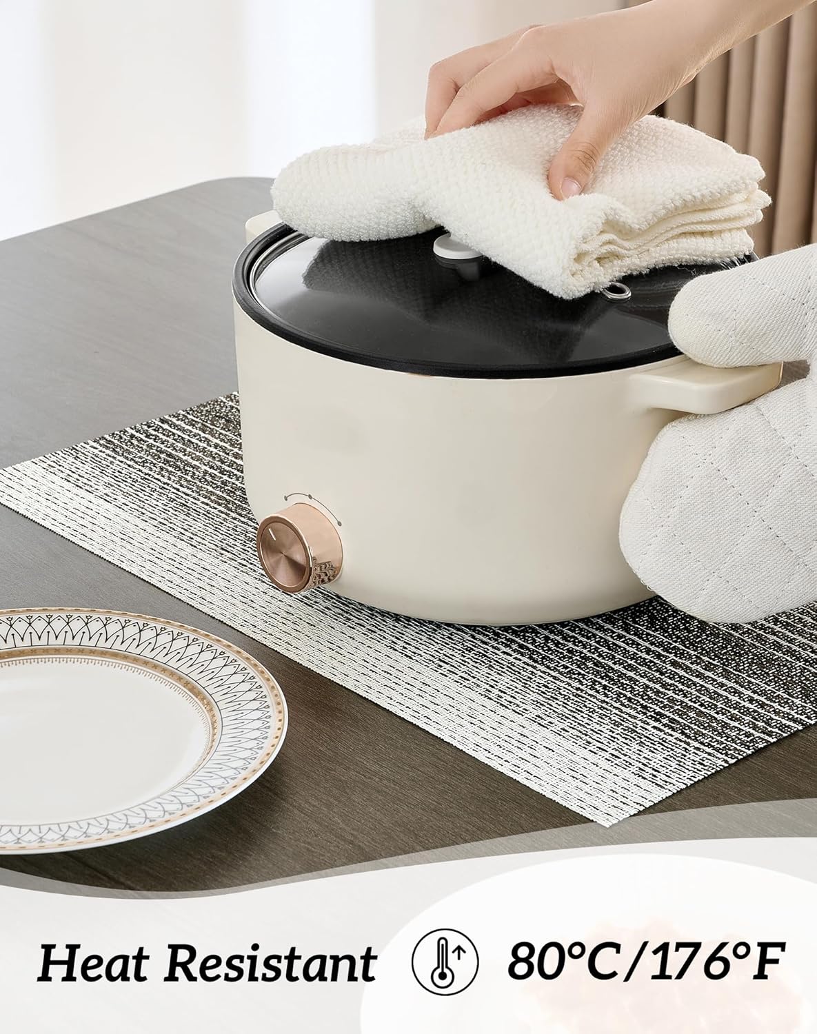 Leetaltree Black with White Woven Placemats Set of 8 - Heat Resistant Non-Slip Place mats for