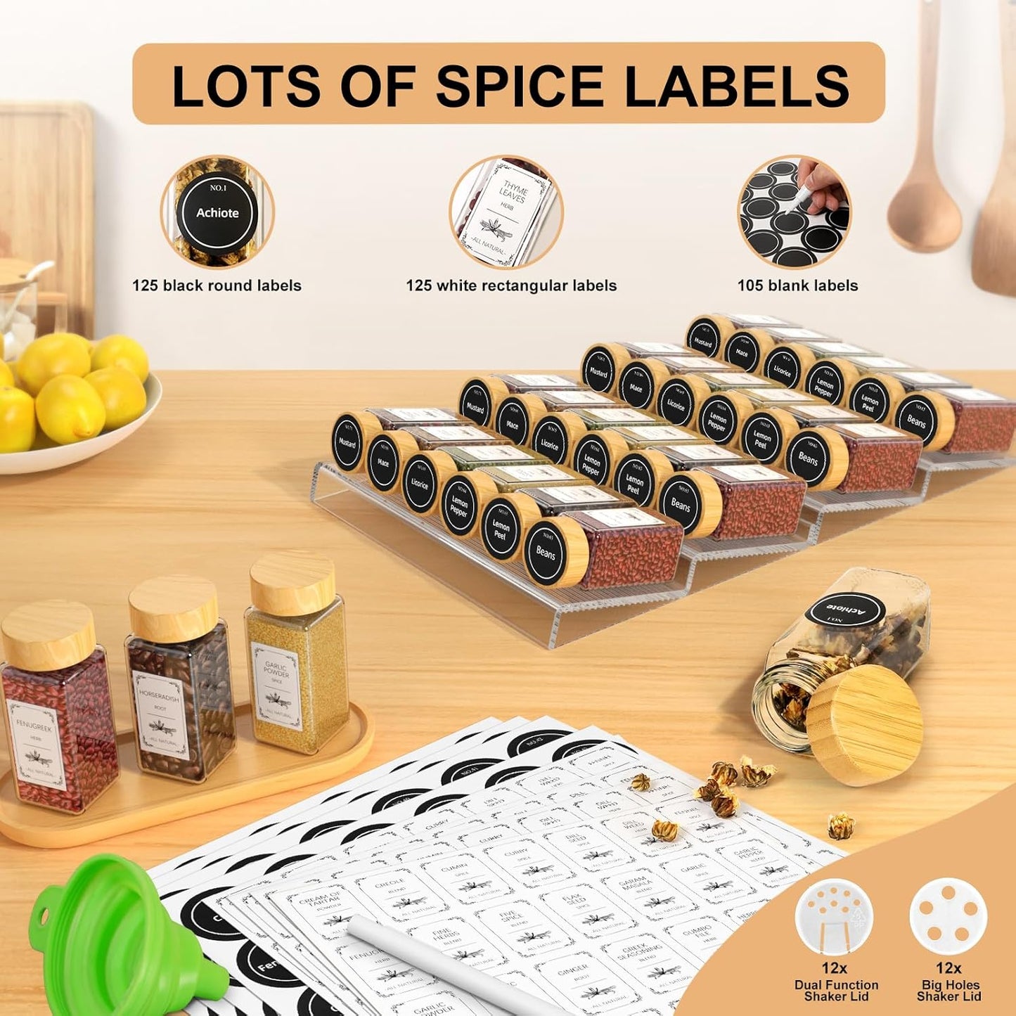 24 Spice Jars with Spice Drawer Organizer, 355 Spice Labels, 4 Pack Expandable From 11'' to 21''