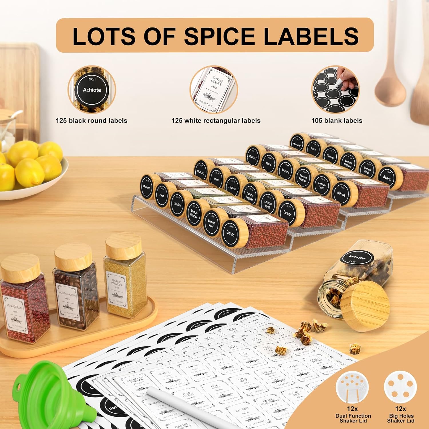24 Spice Jars with Spice Drawer Organizer, 355 Spice Labels, 4 Pack Expandable From 11'' to 21''