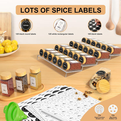 24 Spice Jars with Spice Drawer Organizer, 355 Spice Labels, 4 Pack Expandable From 11'' to 21''