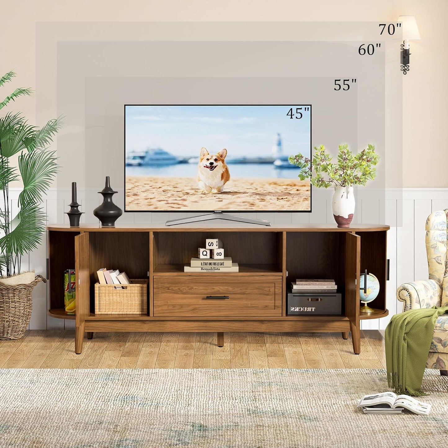 63" Fluted TV Stand for Tvs up to 70", Mid-Century Modern Entertainment Center with Drawers and