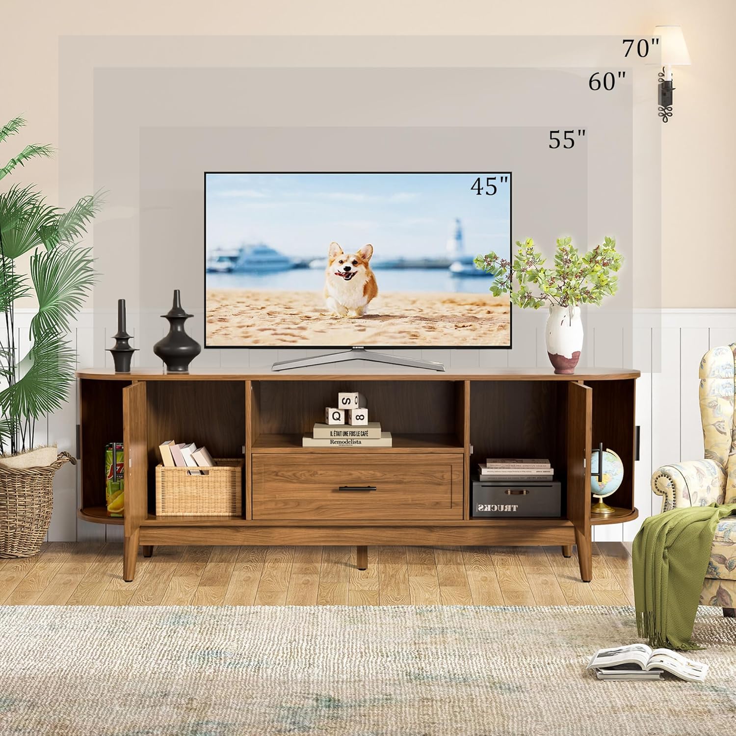 63" Fluted TV Stand for Tvs up to 70", Mid-Century Modern Entertainment Center with Drawers and