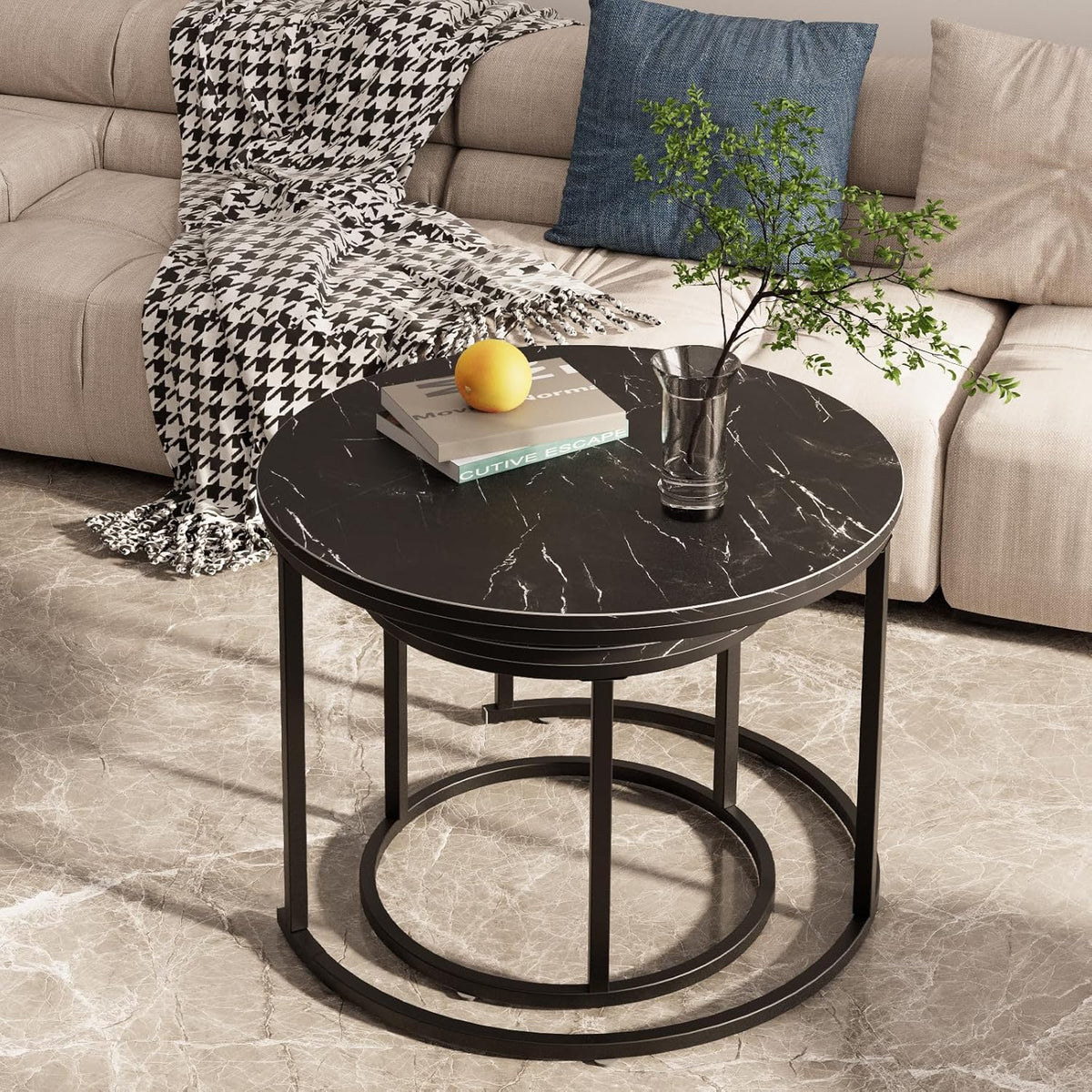 aboxoo Round Nesting Coffee Table Side Set of 2 End Tables for Living Room Bedroom Balcony,Black